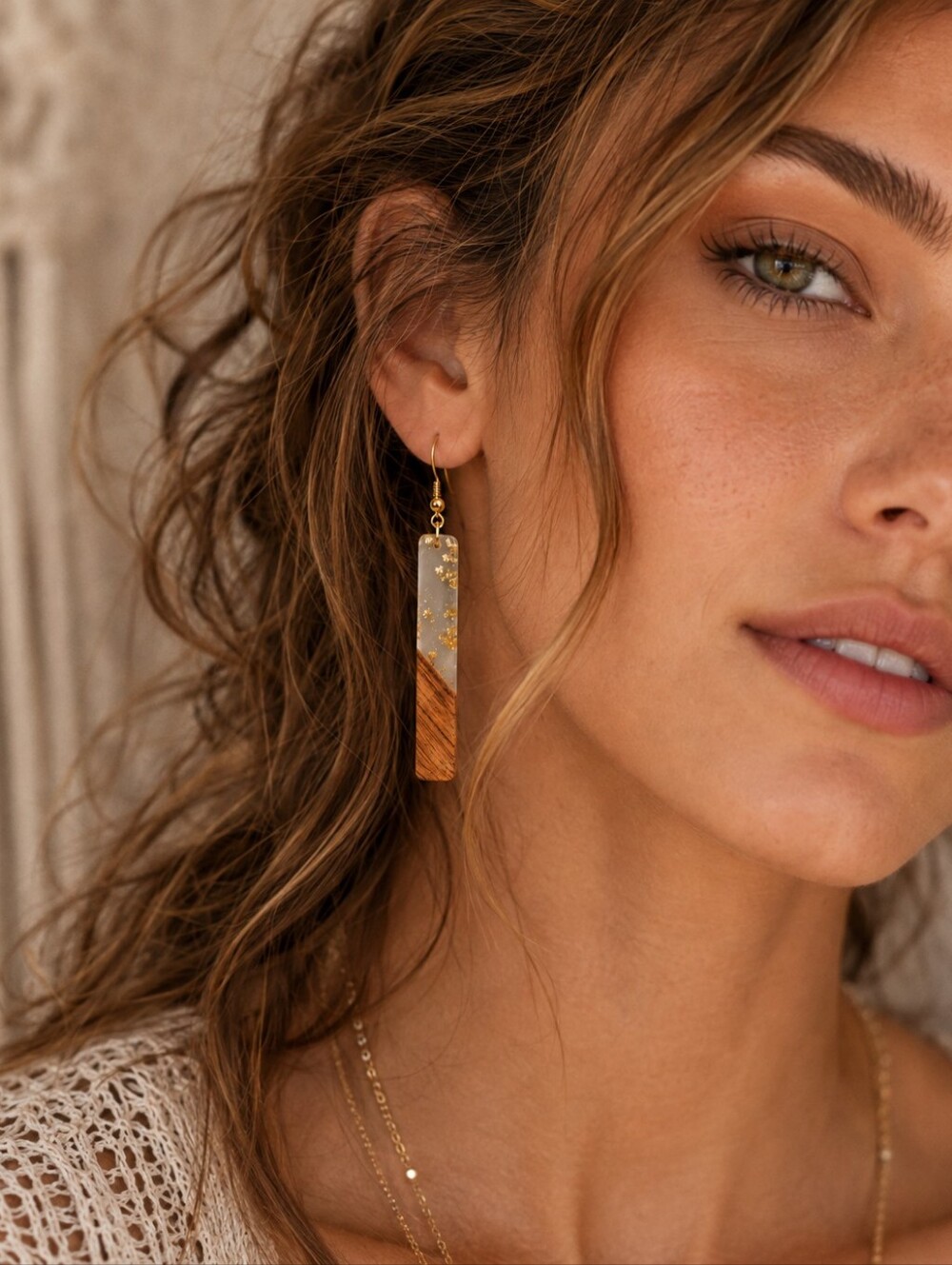 MODCLOTH GOLD FLECKS WOODEN BAR EARRINGS 1